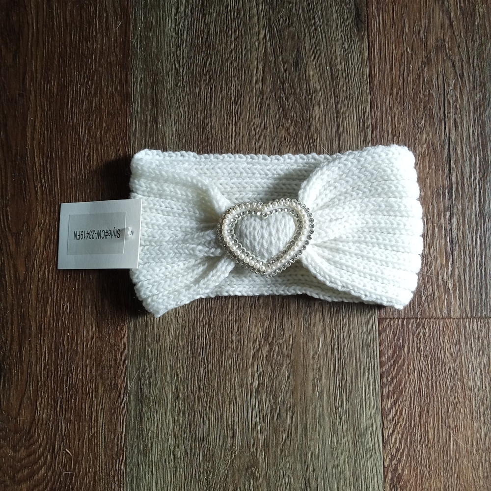 Fashion Nova White Knit Headband with Heart Detail